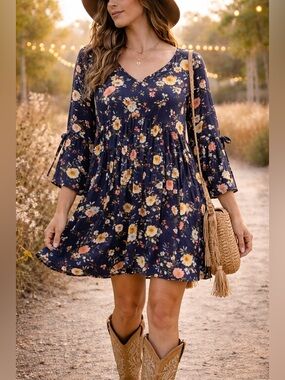Umgee Floral Babydoll Tunic Dress Navy Boho Flowy Tie Sleeve - Size L